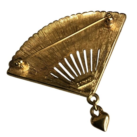 Antique Monet Fan-Shaped Brooch With Green & Orange Crystals Gold Tone - Picture 2 of 3